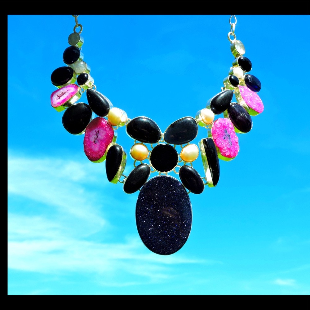 Obsidian Pearl Multi Gemstone Silver Necklace